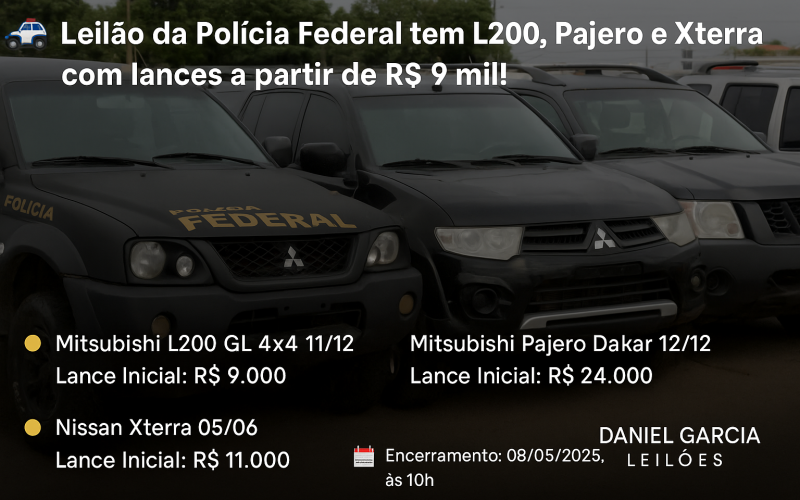 🚓 Leilão da Polícia Federal tem L200, Pajero e Xterra com lances a partir de R$ 9 mil!