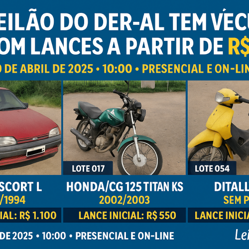 🚨 Leilão do DER-AL tem veículos com lances a partir de R$200! Veja como participar