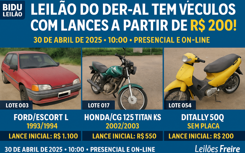 🚨 Leilão do DER-AL tem veículos com lances a partir de R$200! Veja como participar