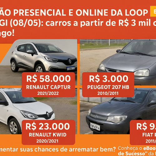 🔥 Leilão Presencial e Online da Loop em Mogi (08/05): carros a partir de R$ 3 mil com IPVA pago!