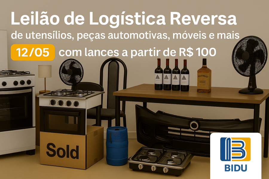 🔄 Leilão de Logística Reversa da Sold (12/05) traz utensílios, peças automotivas, móveis e muito mais com lances a partir de R$ 100