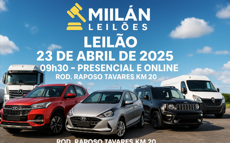 🚀 Milan Leilões agita o mercado em 23 de abril: SUVs, utilitários, motos e pesados com lances imperdíveis!